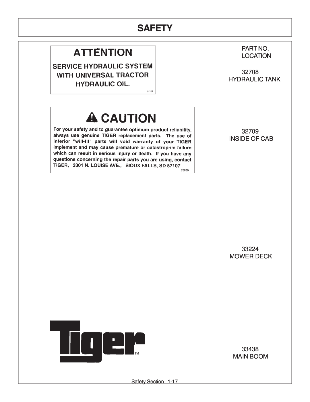 Tiger JD 62-6420 manual Safety, LOCATION 32708 HYDRAULIC TANK 32709 INSIDE OF CAB 33224 MOWER DECK, Main Boom 
