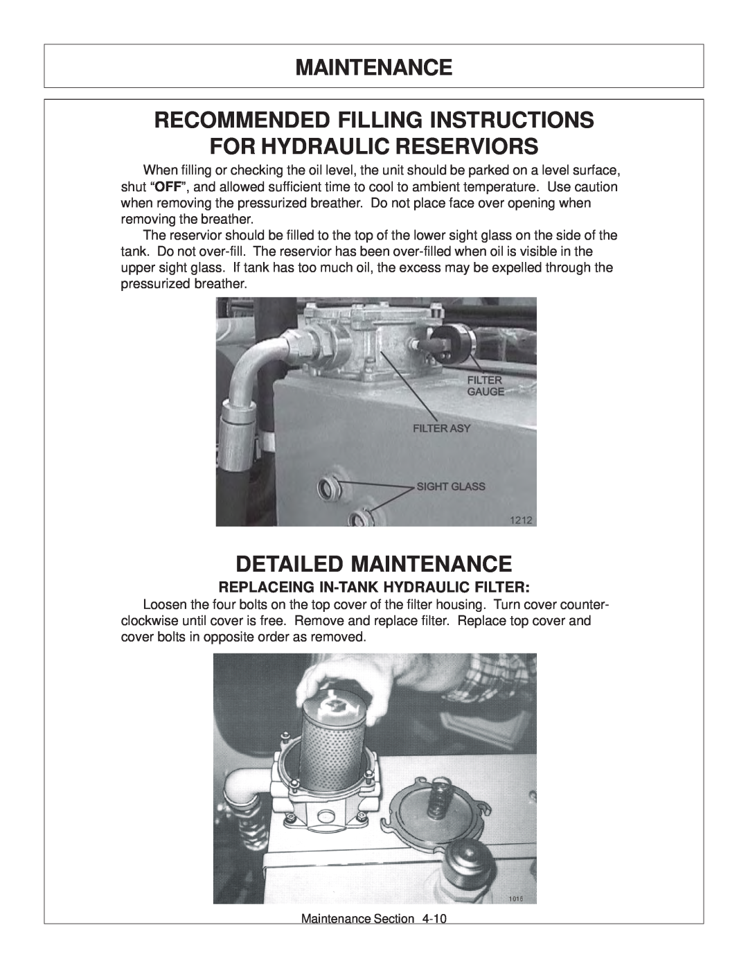 Tiger JD 62-6420 manual Maintenance Recommended Filling Instructions For Hydraulic Reserviors, Detailed Maintenance 