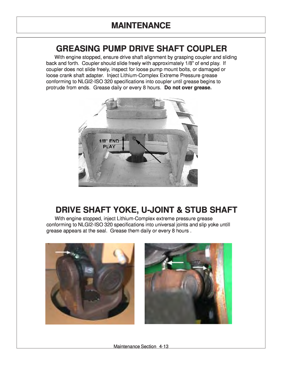 Tiger JD 62-6420 manual Maintenance Greasing Pump Drive Shaft Coupler, Drive Shaft Yoke, U-Joint & Stub Shaft 