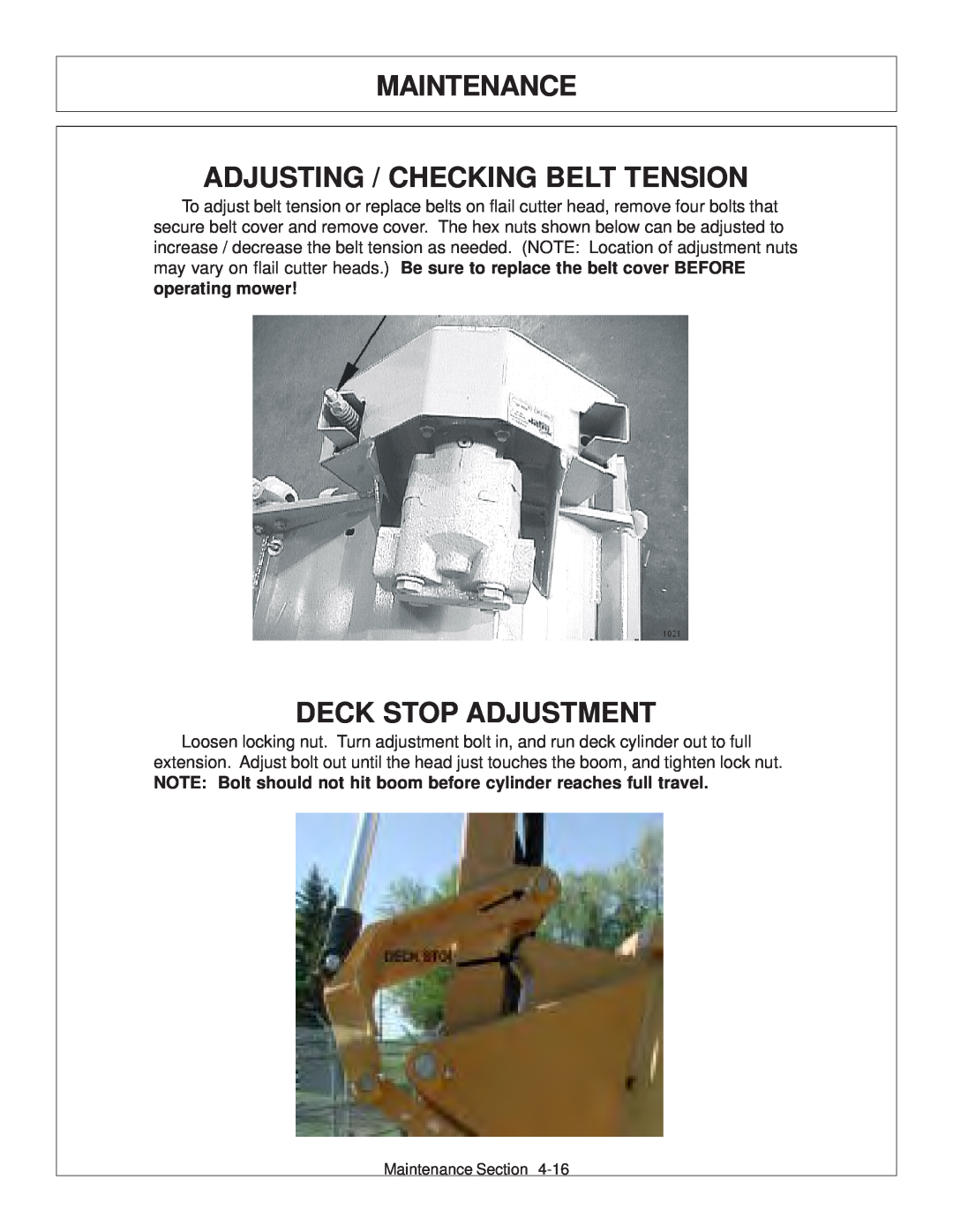 Tiger JD 62-6420 manual Adjusting / Checking Belt Tension, Deck Stop Adjustment, Maintenance 