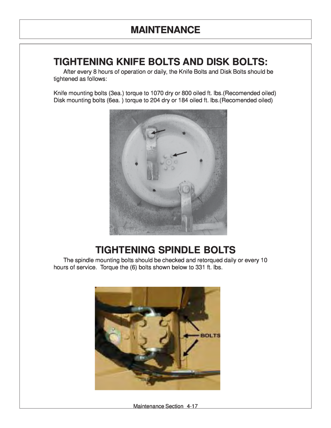 Tiger JD 62-6420 manual Tightening Knife Bolts And Disk Bolts, Tightening Spindle Bolts, Maintenance 