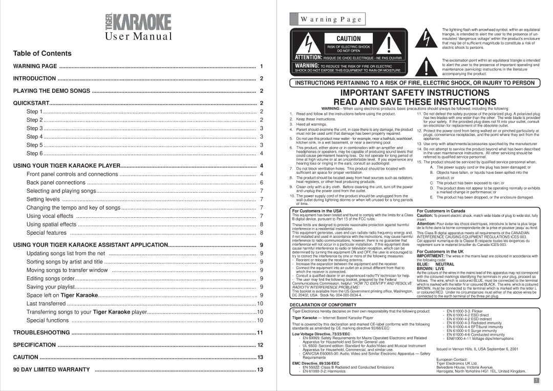 Tiger Karaoke Player manual Table of Contents 