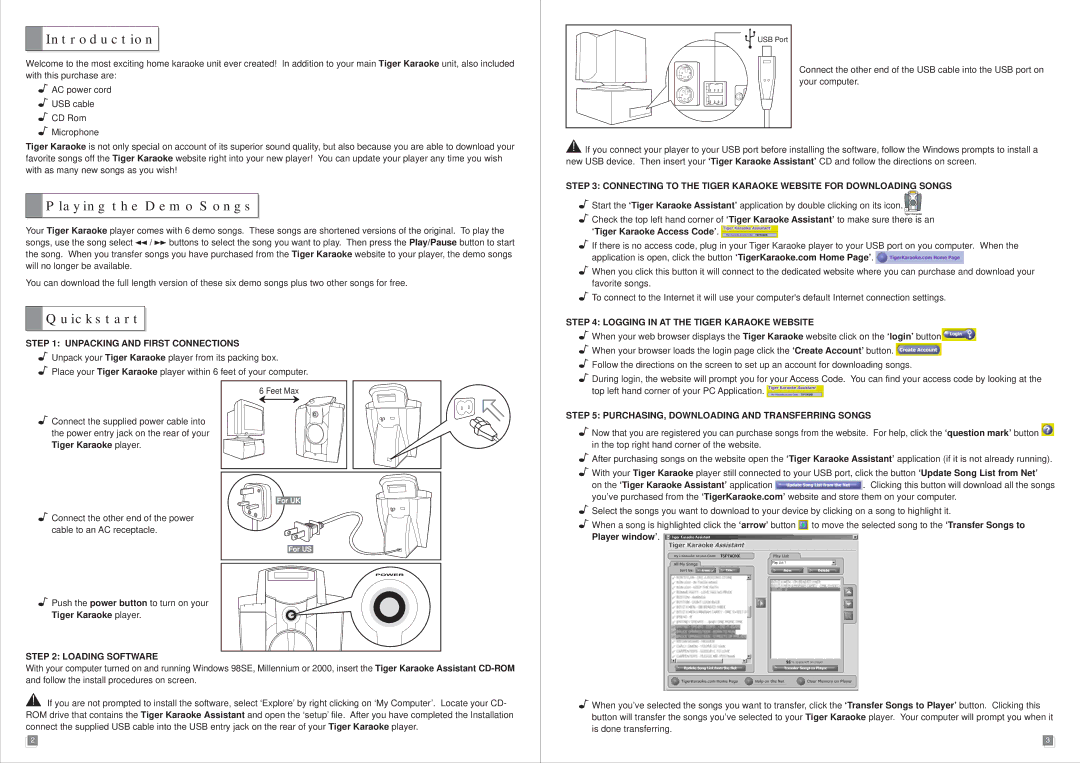 Tiger Karaoke Player manual Introduction, Playing the Demo Songs, Quickstart 