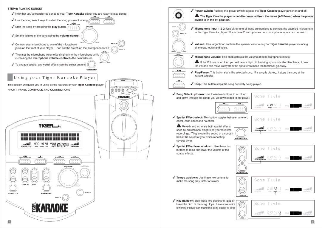 Tiger manual Using your Tiger Karaoke Player, Playing Songs, Front Panel Controls and Connections 