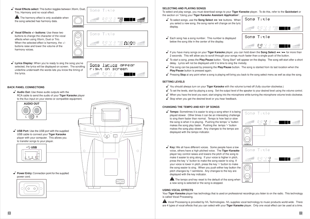 Tiger Karaoke Player manual Back Panel Connections, Selecting and Playing Songs, Setting Levels, Using Vocal Effects 