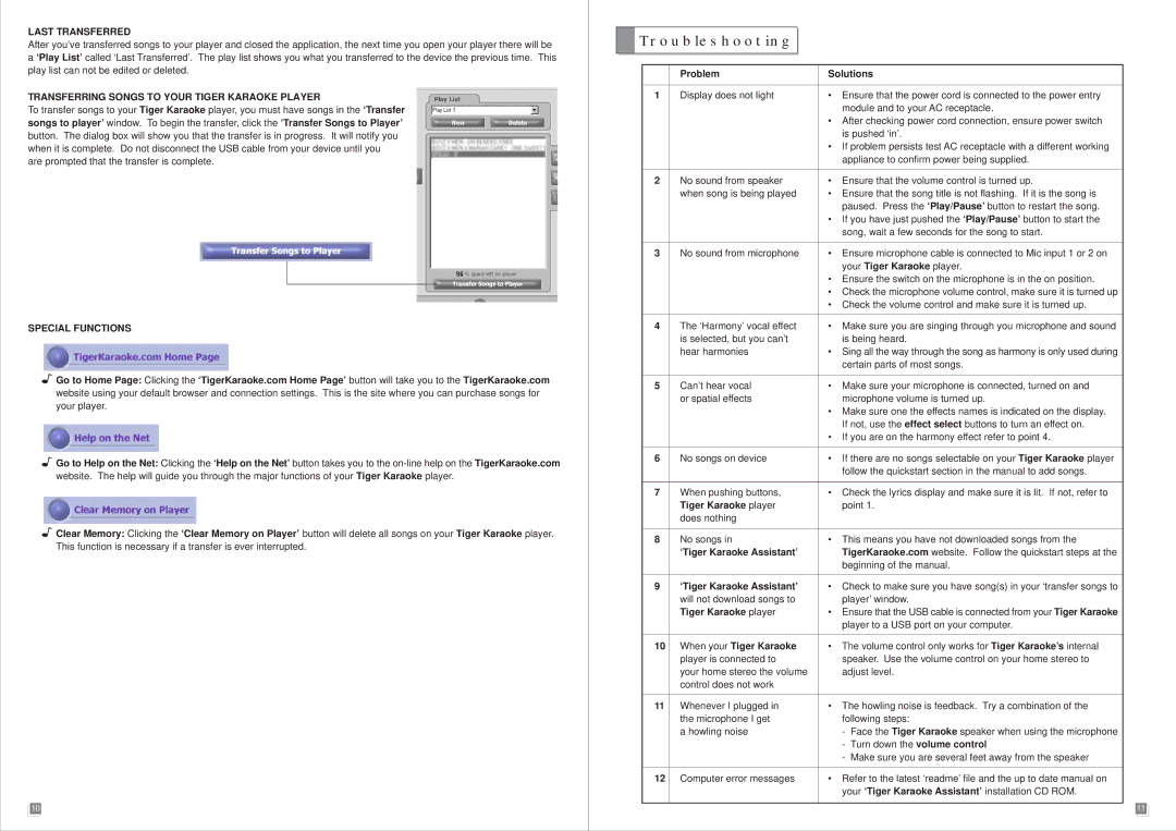 Tiger manual Troubleshooting, Last Transferred, Transferring Songs to Your Tiger Karaoke Player, Special Functions 