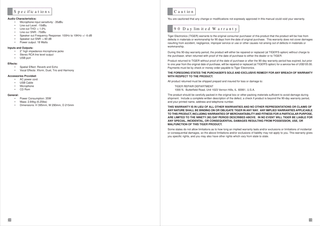 Tiger Karaoke Player manual Specifications, Day limited Warranty 