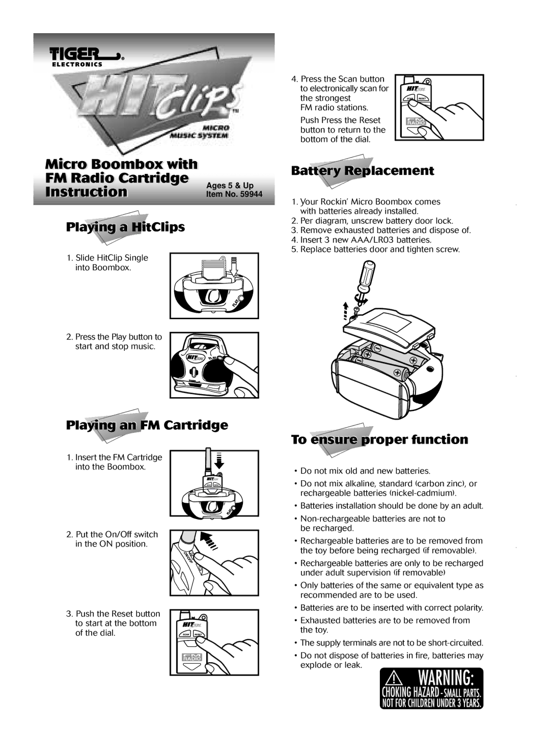 Tiger Micro Boombox manual Microi Boombox withi FM Radioio Cartridgei Instructioni, Playing a HitClips 