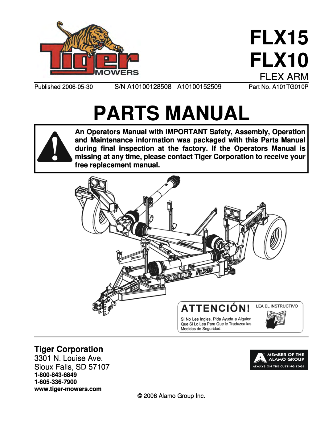 Tiger Mowers FLX15 manual Tiger Corporation, 3301 N. Louise Ave Sioux Falls, SD, FLX10, Parts Manual, Flex Arm 