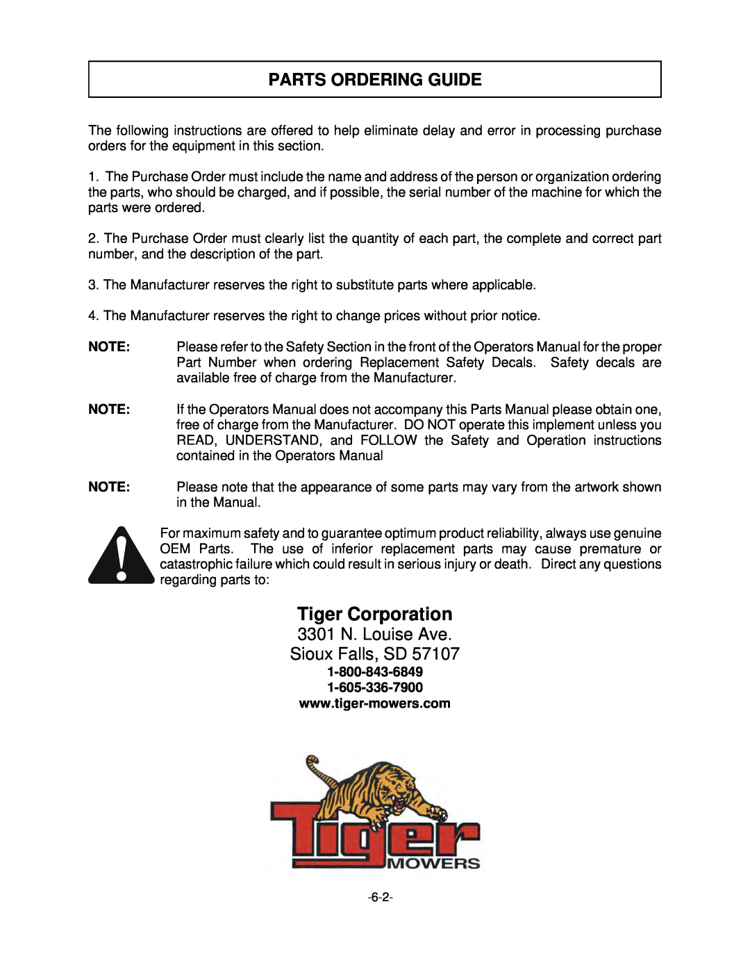 Tiger Mowers FLX10, FLX15 manual Parts Ordering Guide, Tiger Corporation, 3301 N. Louise Ave Sioux Falls, SD 