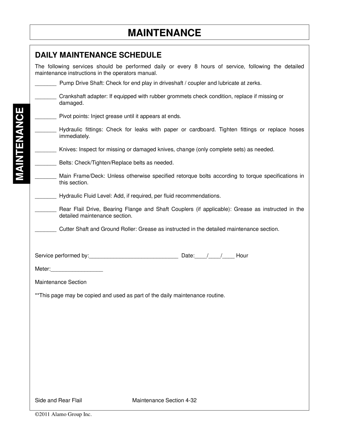 Tiger Mowers JD 5065M, JD 5085M-105M manual Daily Maintenance Schedule 