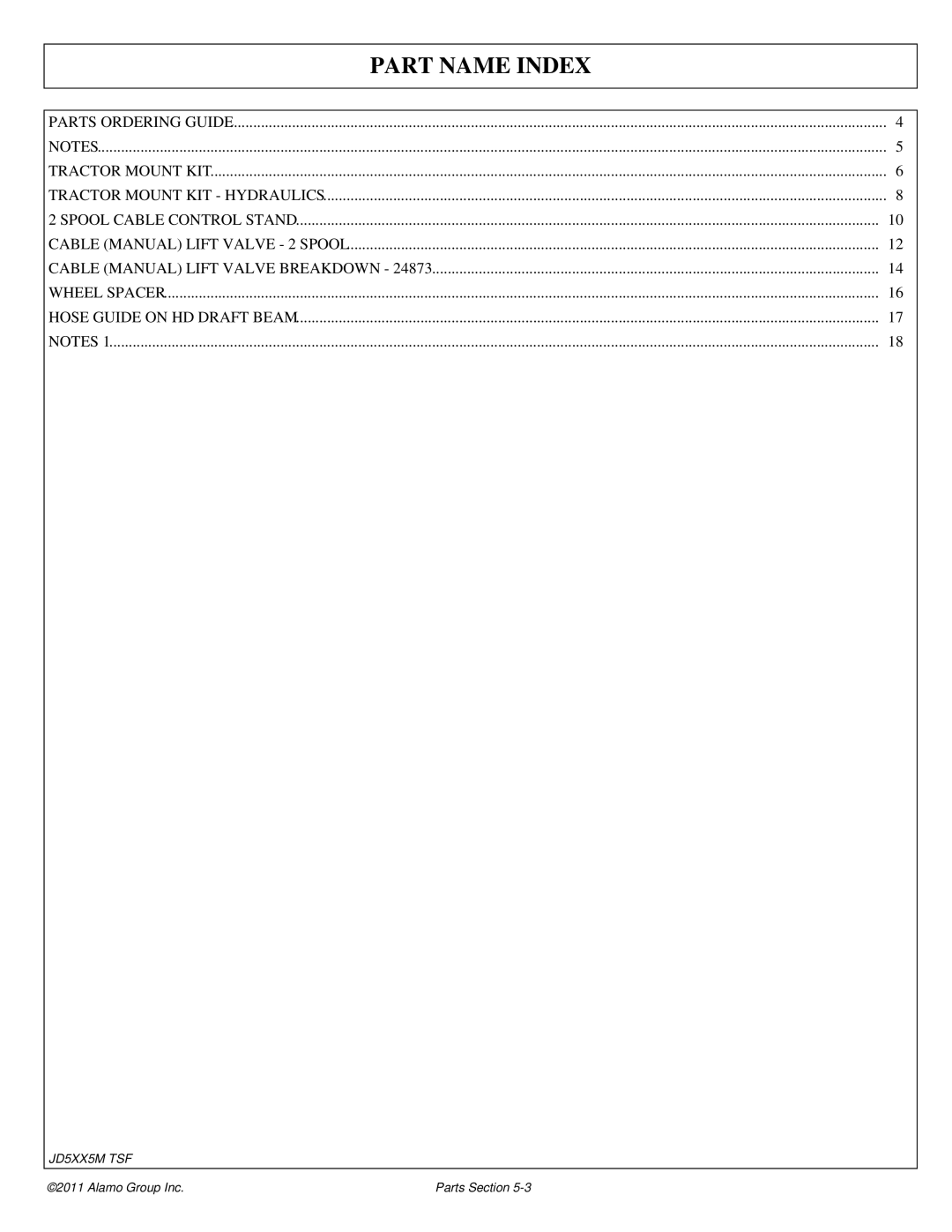 Tiger Mowers JD 5085M-105M, JD 5065M manual Part Name Index 