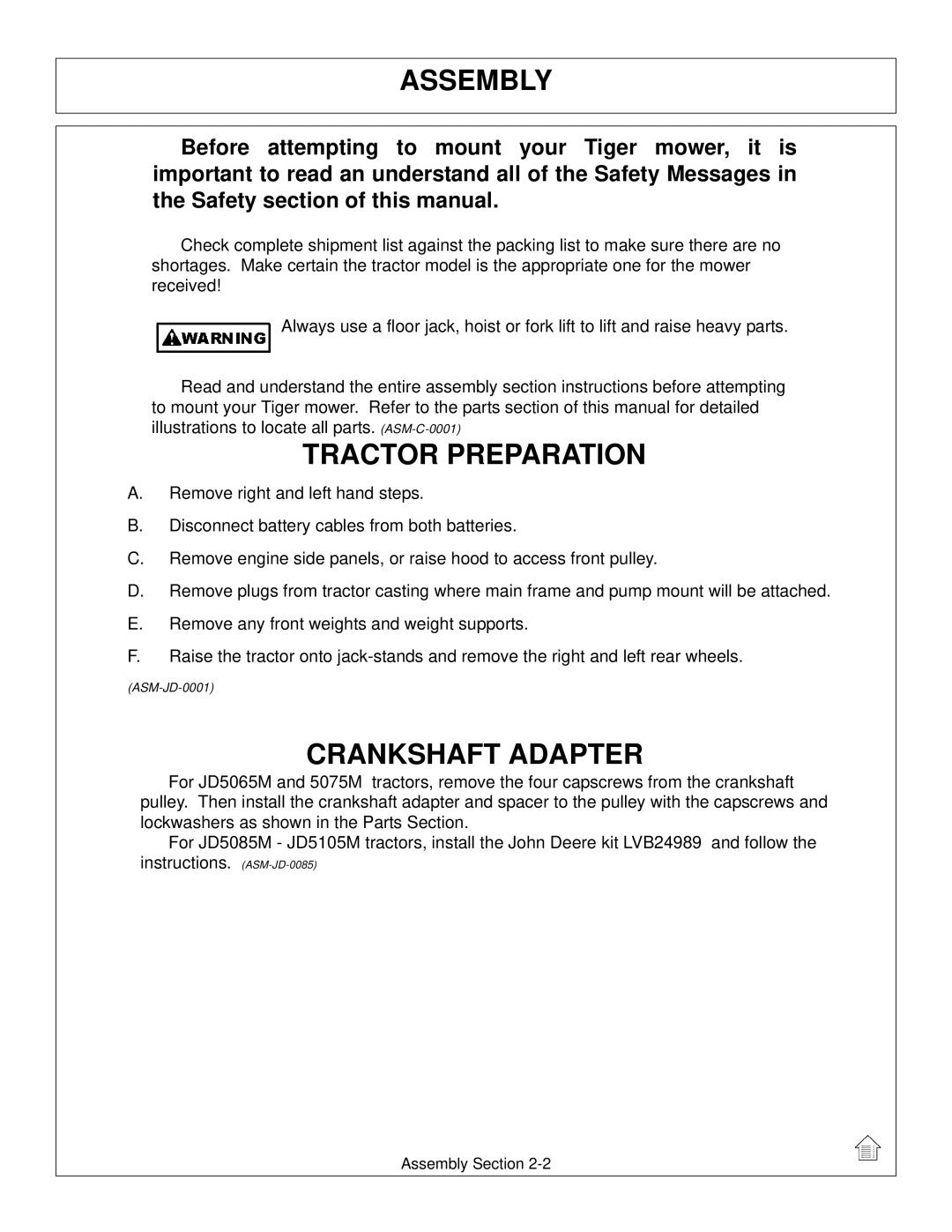 Tiger Mowers JD 5065M, JD 5085M-105M manual Assembly, Tractor Preparation, Crankshaft Adapter 