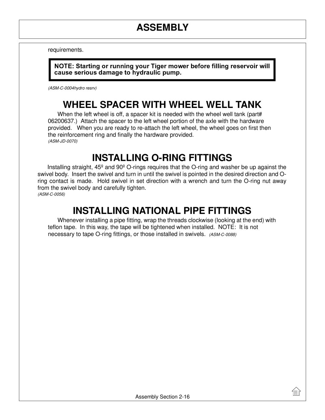 Tiger Mowers JD 5065M Wheel Spacer with Wheel Well Tank, Installing O-RING Fittings, Installing National Pipe Fittings 