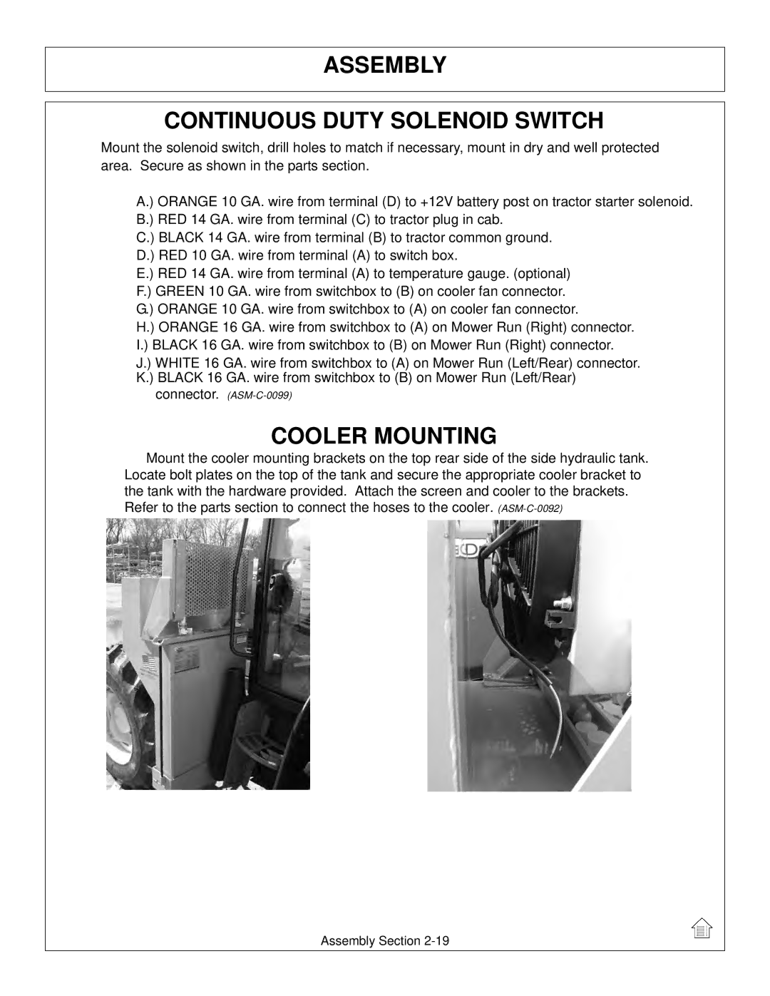 Tiger Mowers JD 5085M-105M, JD 5065M manual Assembly Continuous Duty Solenoid Switch, Cooler Mounting 