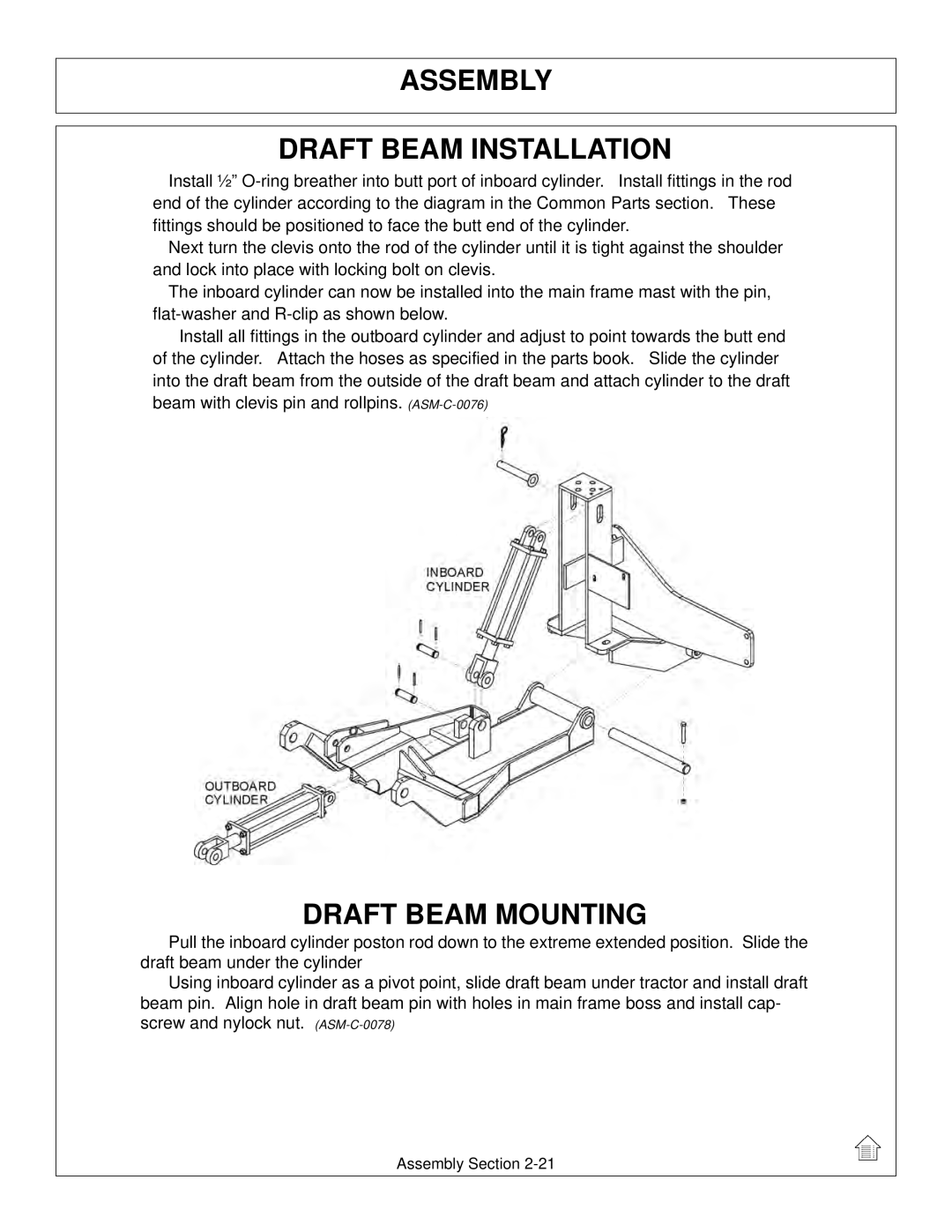 Tiger Mowers JD 5085M-105M, JD 5065M manual Assembly Draft Beam Installation, Draft Beam Mounting 