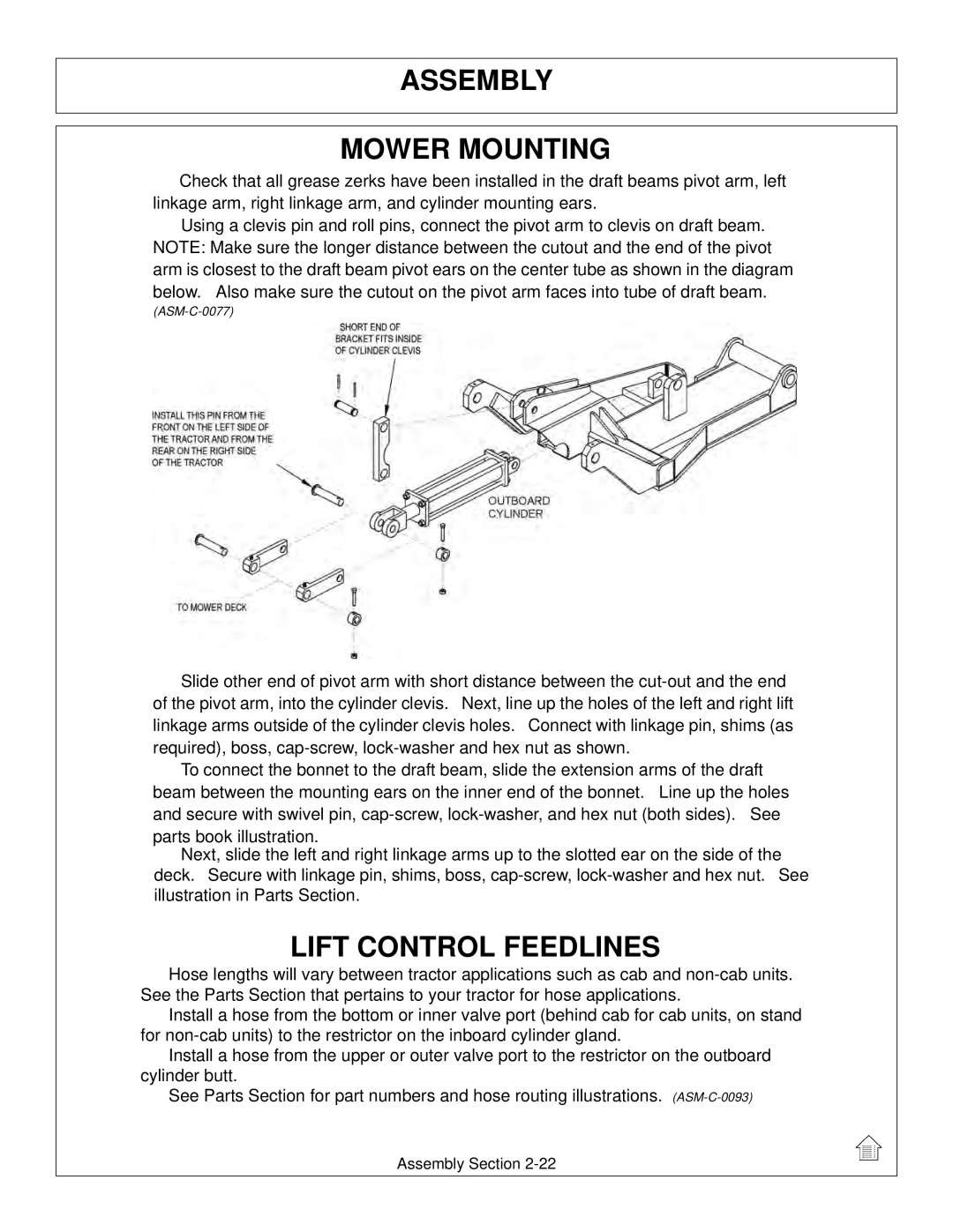 Tiger Mowers JD 5065M, JD 5085M-105M manual Assembly Mower Mounting, Lift Control Feedlines 