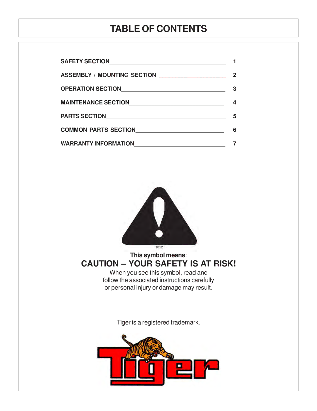 Tiger Mowers JD 5085M-105M, JD 5065M manual Table of Contents 