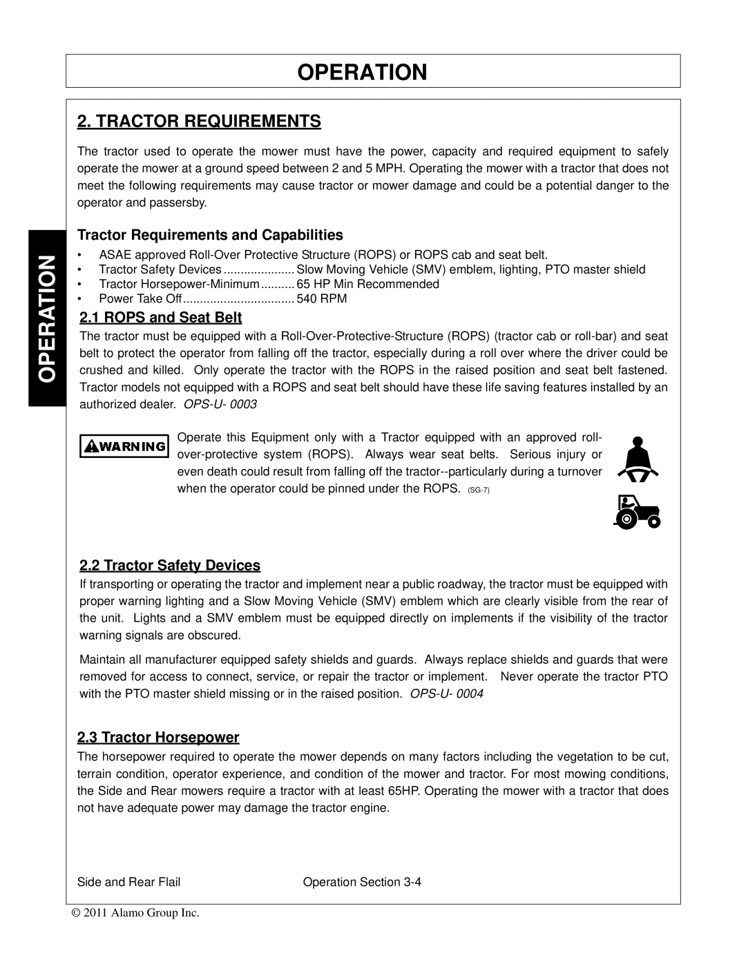 Tiger Mowers JD 5065M, JD 5085M-105M Tractor Requirements and Capabilities, Rops and Seat Belt, Tractor Safety Devices 
