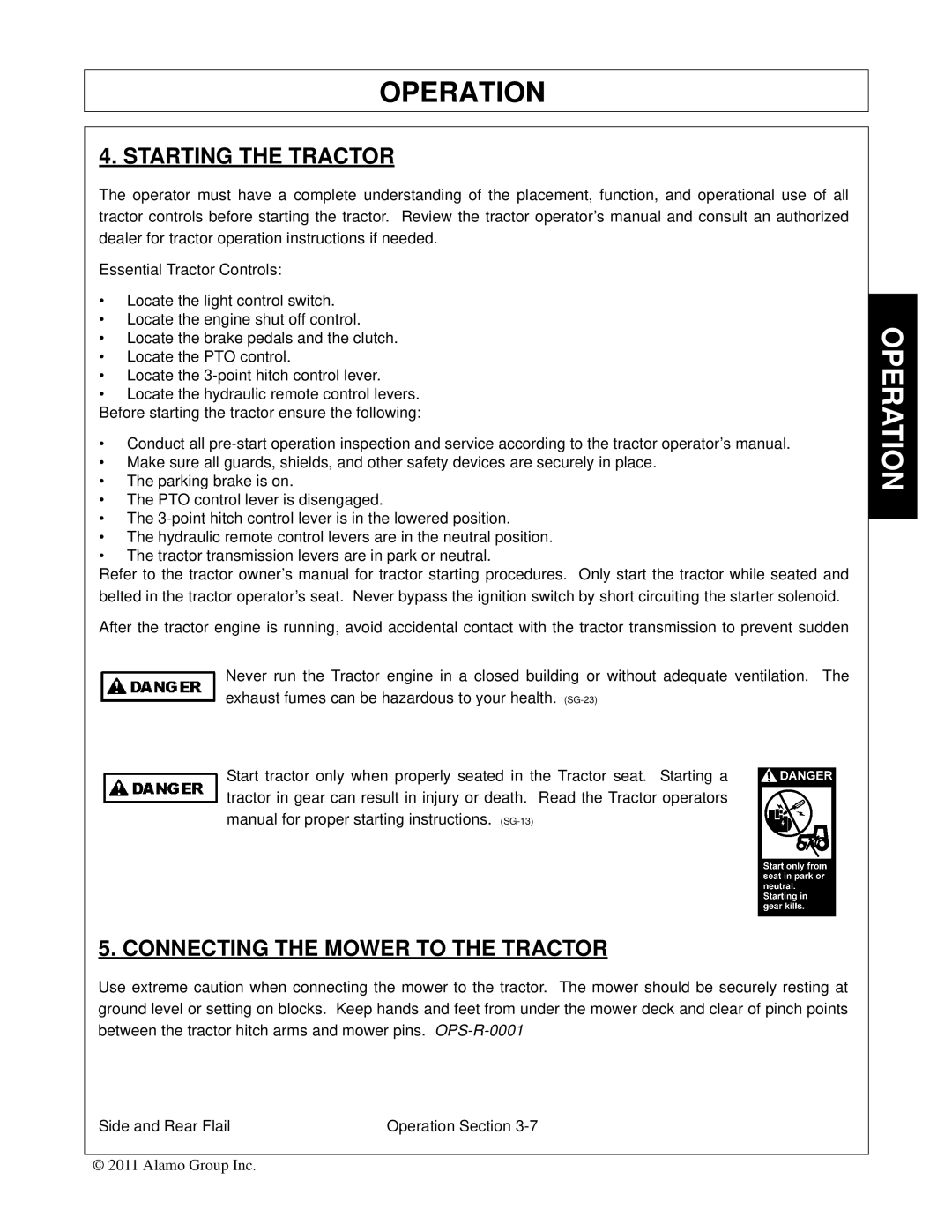 Tiger Mowers JD 5085M-105M, JD 5065M manual Starting the Tractor, Connecting the Mower to the Tractor 