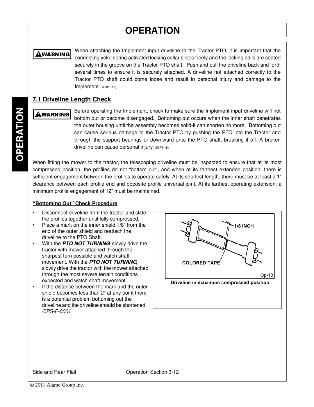 Tiger Mowers JD 5065M, JD 5085M-105M manual Driveline Length Check, Bottoming Out Check Procedure 