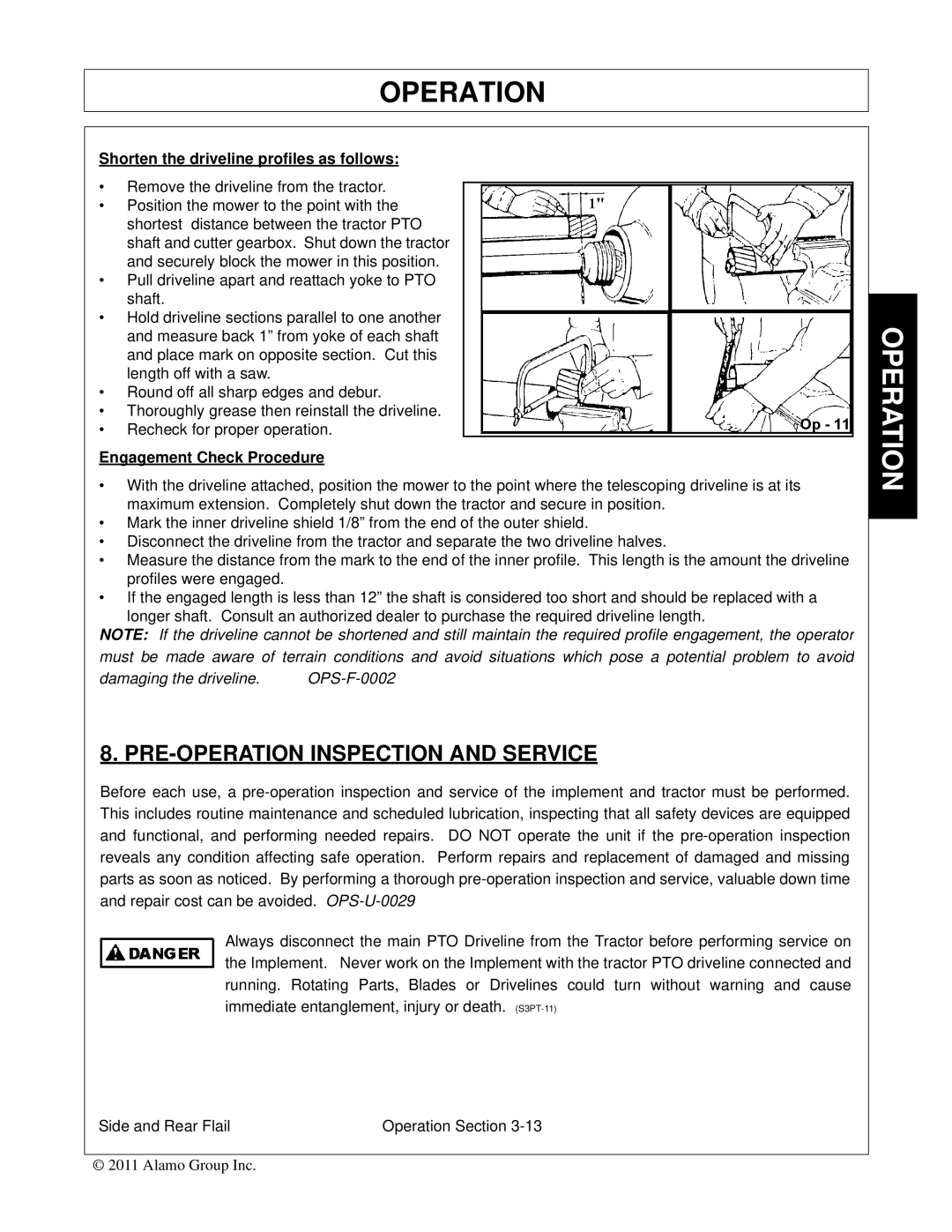 Tiger Mowers JD 5085M-105M, JD 5065M manual PRE-OPERATION Inspection and Service, Shorten the driveline profiles as follows 