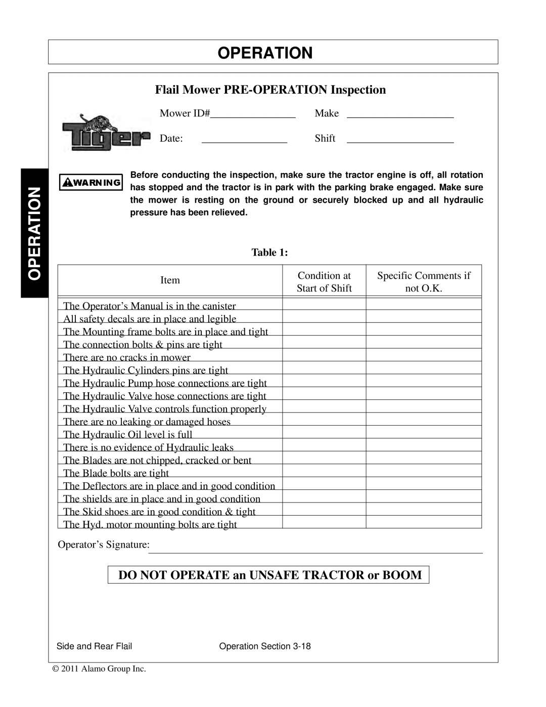 Tiger Mowers JD 5065M, JD 5085M-105M manual Do not Operate an Unsafe Tractor or Boom 