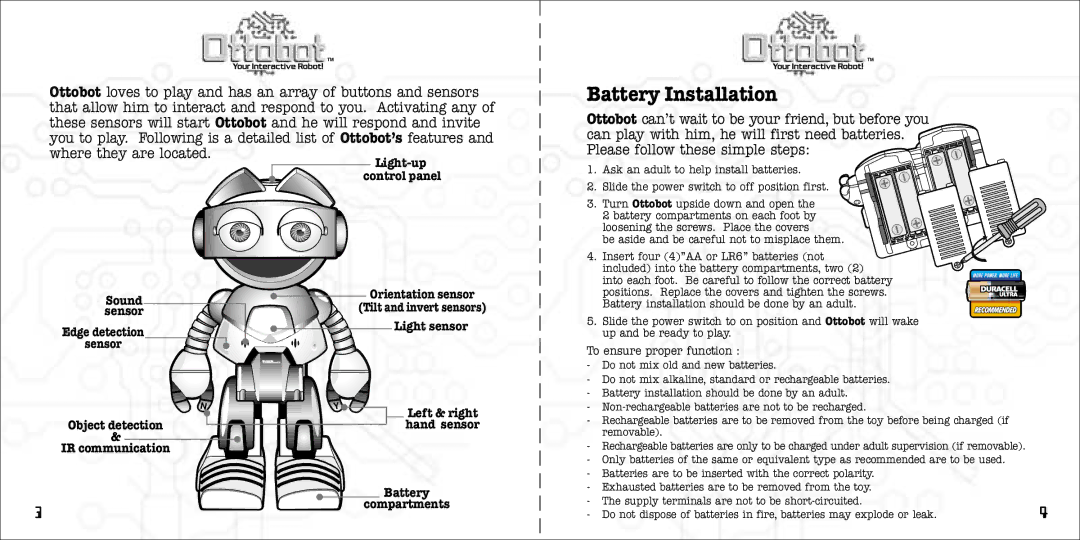 Tiger PMS280C instruction manual Battery Installation, Object detection IR communication Left & right hand sensor 