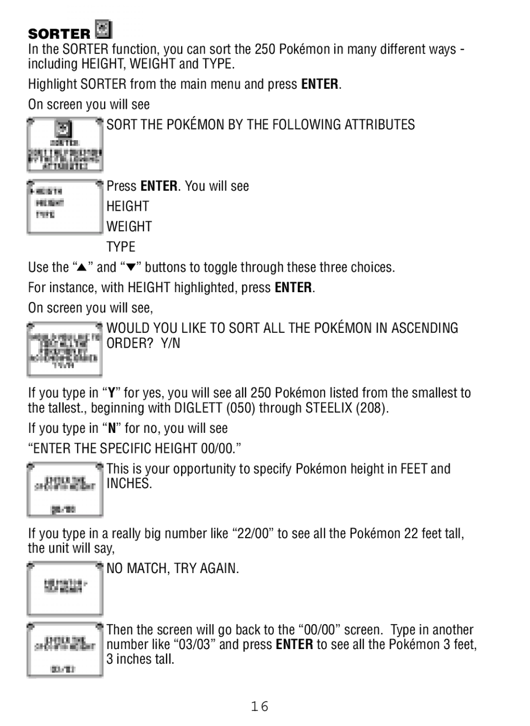 Tiger Pokedex Deluxe manual Sorter, Sort the Pokémon by the Following Attributes, Height, Inches, No MATCH, TRY Again 