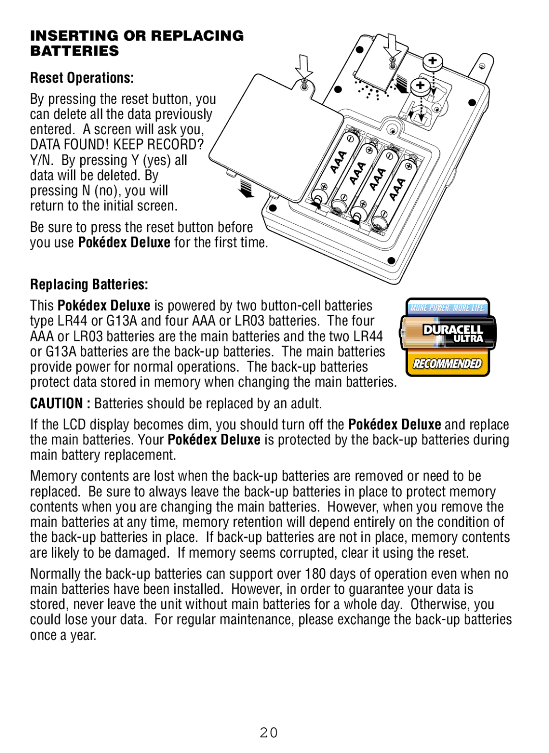 Tiger Pokedex Deluxe manual Inserting or Replacing Batteries, Reset Operations 