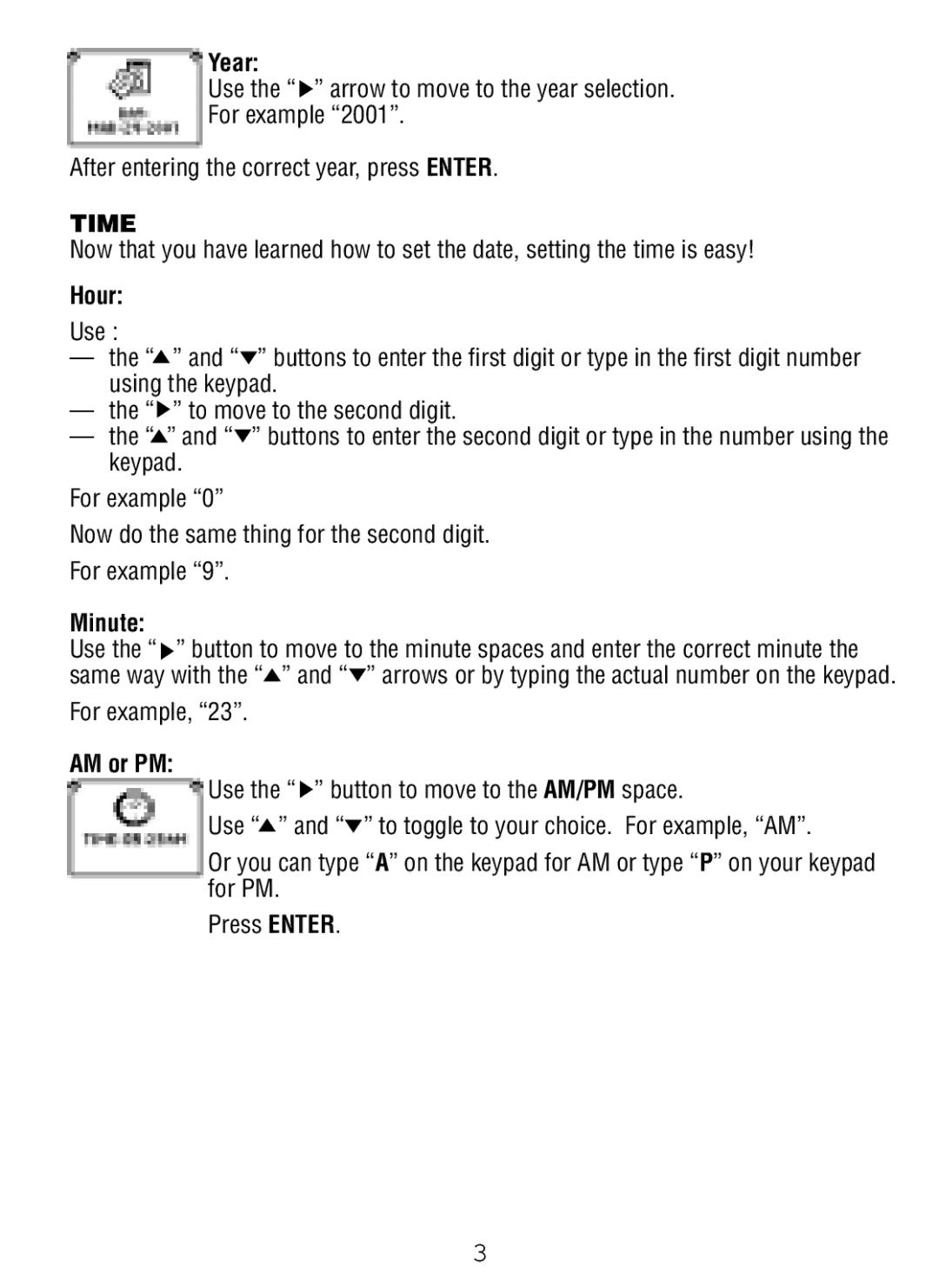 Tiger Pokedex Deluxe manual Year, Time, Hour, Minute, AM or PM 