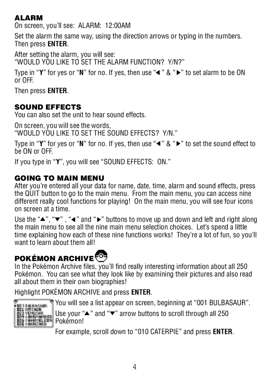 Tiger Pokedex Deluxe manual Alarm, Sound Effects, Going to Main Menu, Pokémon Archive 