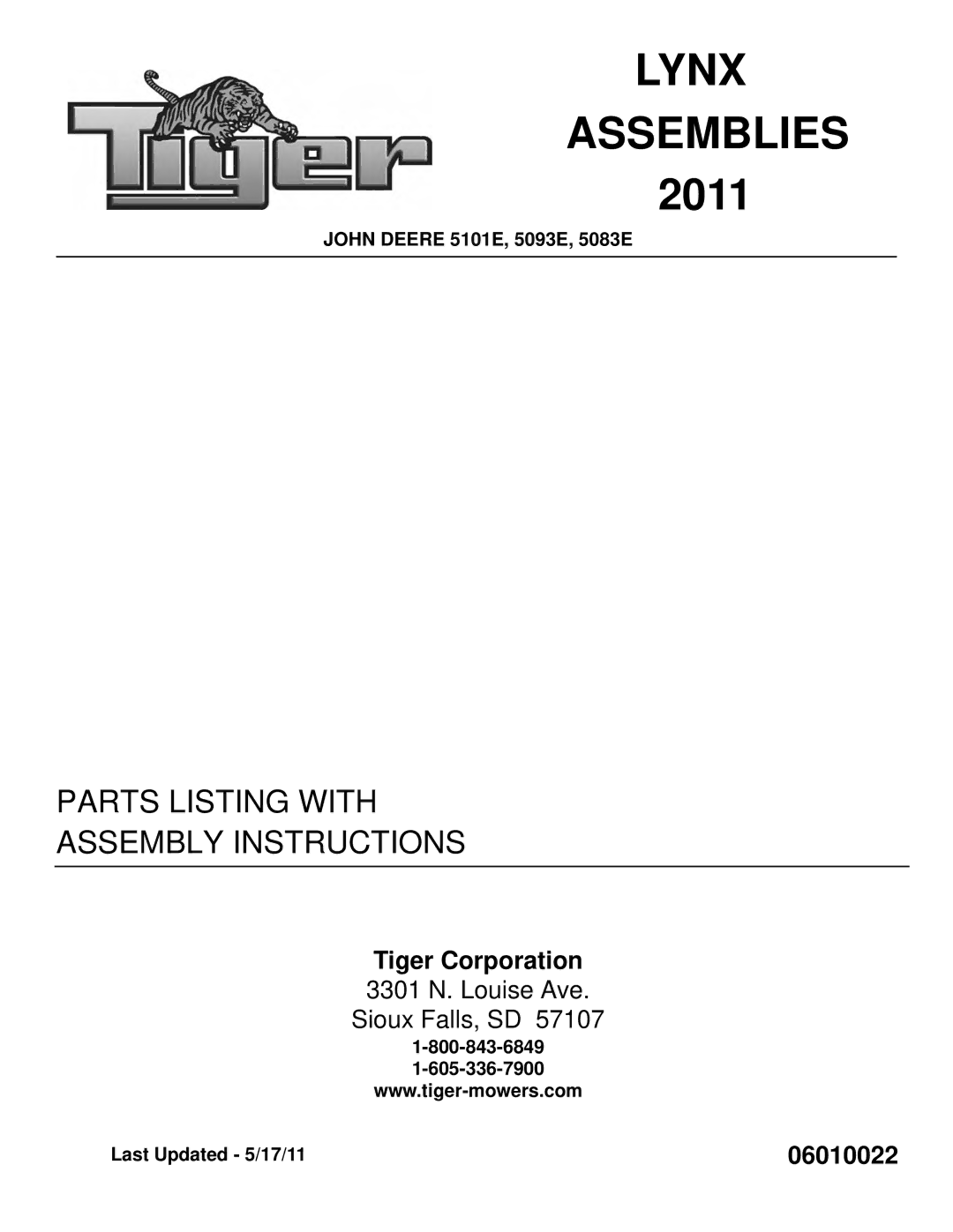 Tiger Products Co., Ltd manual John Deere 5101E, 5093E, 5083E, Last Updated 5/17/11 