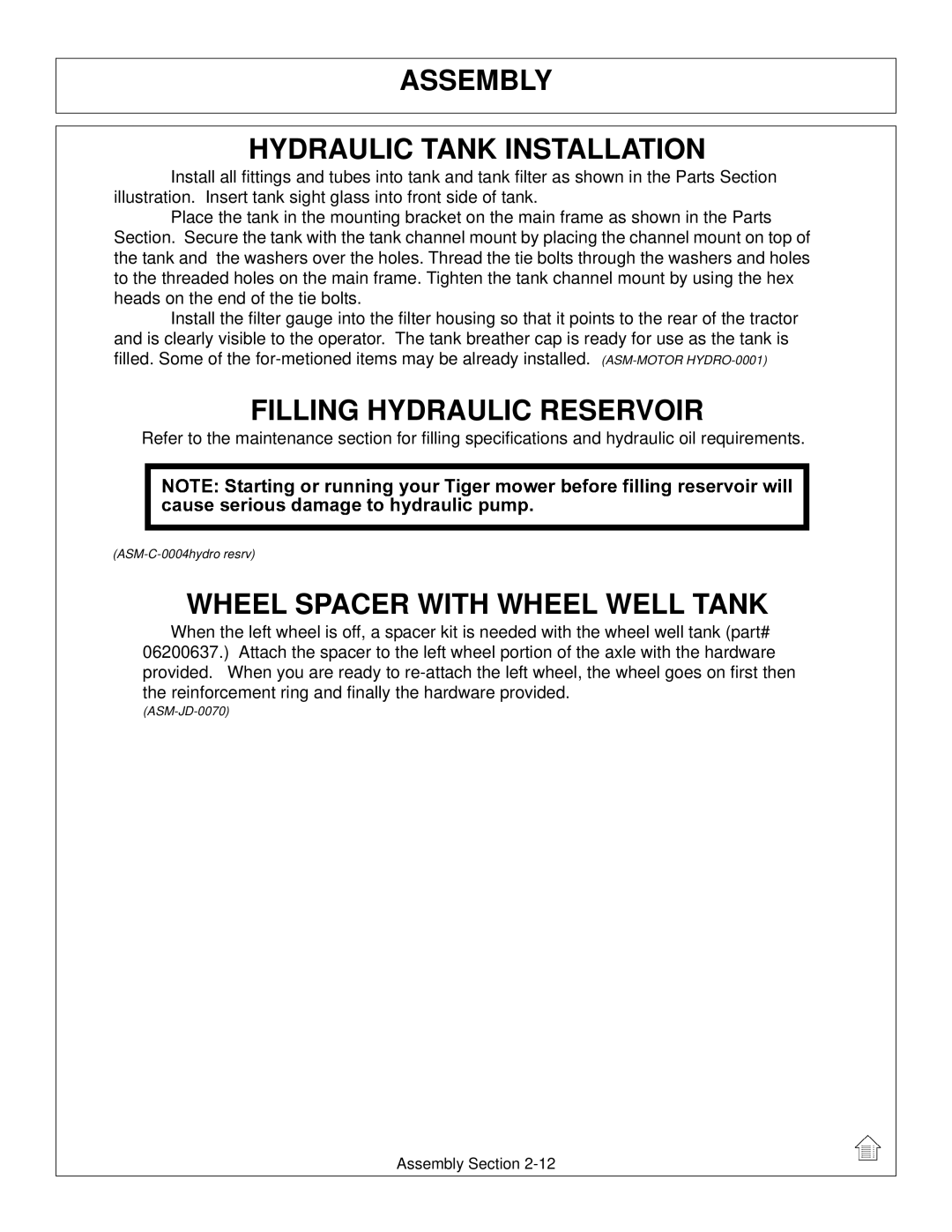 Tiger Products Co., Ltd 5101E, 5083E, 5093E manual Assembly Hydraulic Tank Installation, Filling Hydraulic Reservoir 