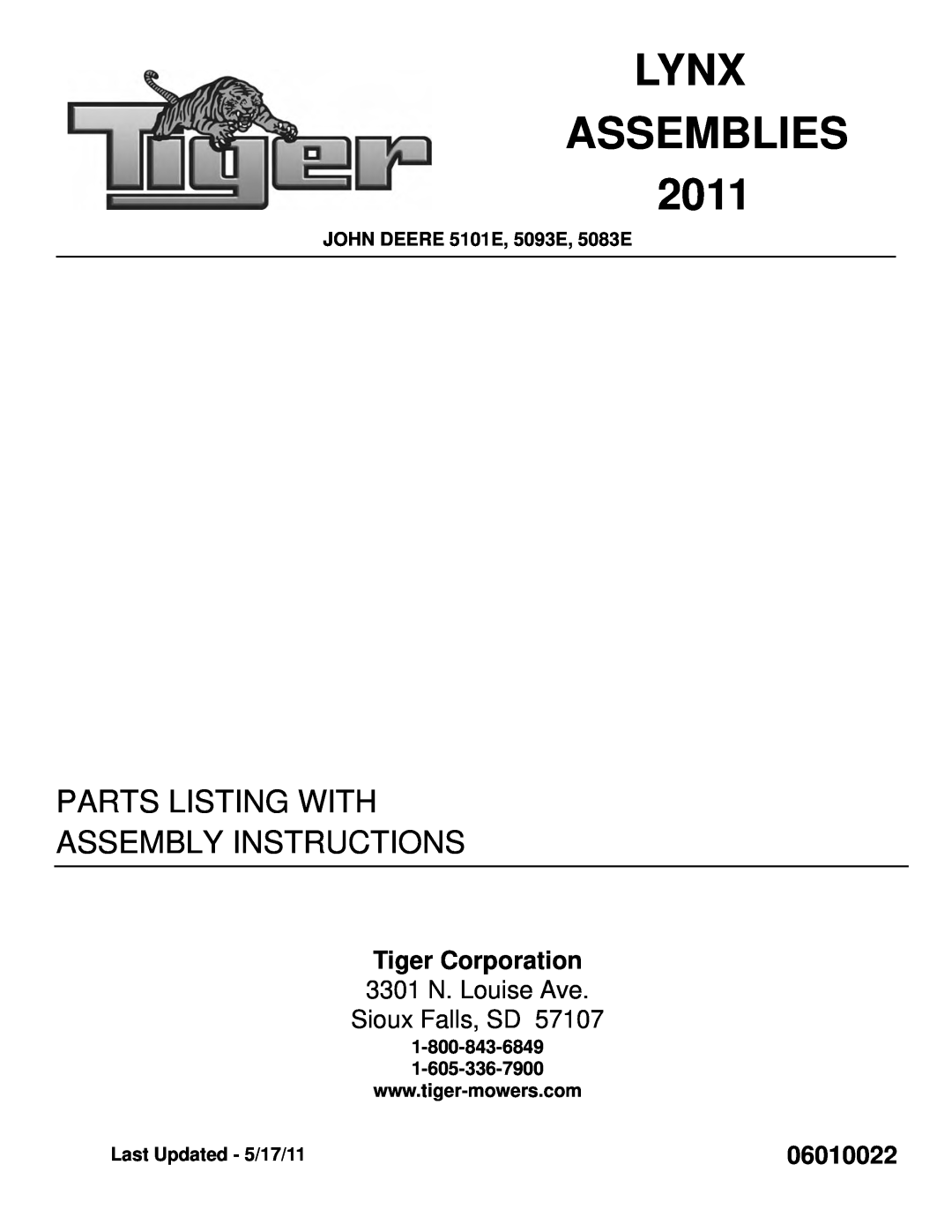 Tiger Products Co., Ltd 5093E manual LYNX ASSEMBLIES 2011, Parts Listing With Assembly Instructions, Tiger Corporation 