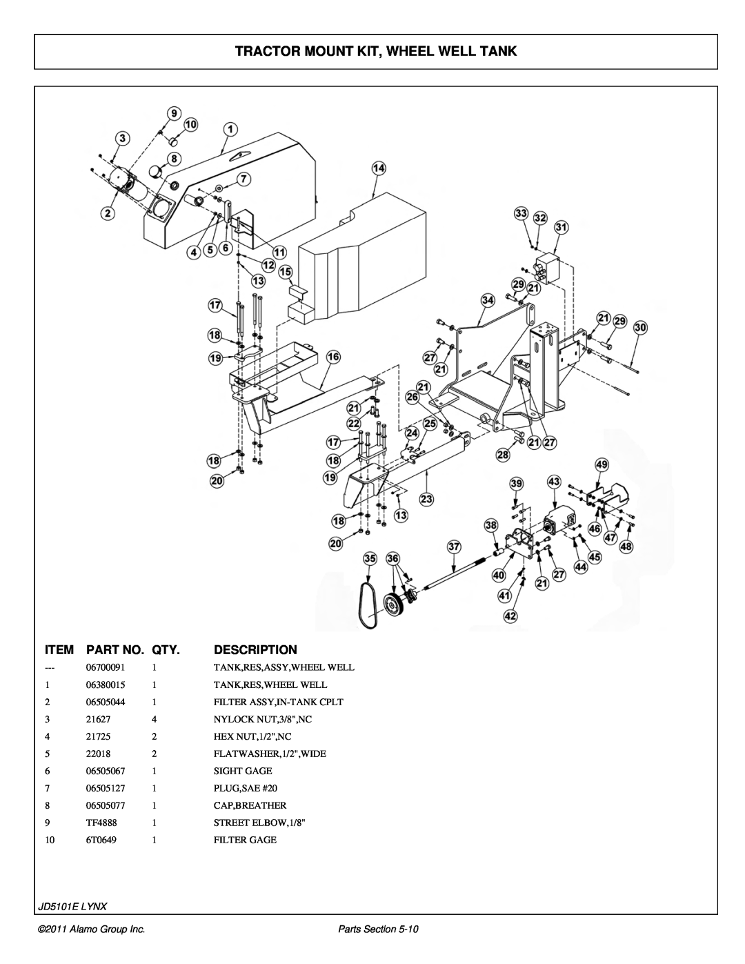 Tiger Products Co., Ltd 5083E, 5093E manual Tractor Mount Kit, Wheel Well Tank, Item, Part No, Description, JD5101E LYNX 