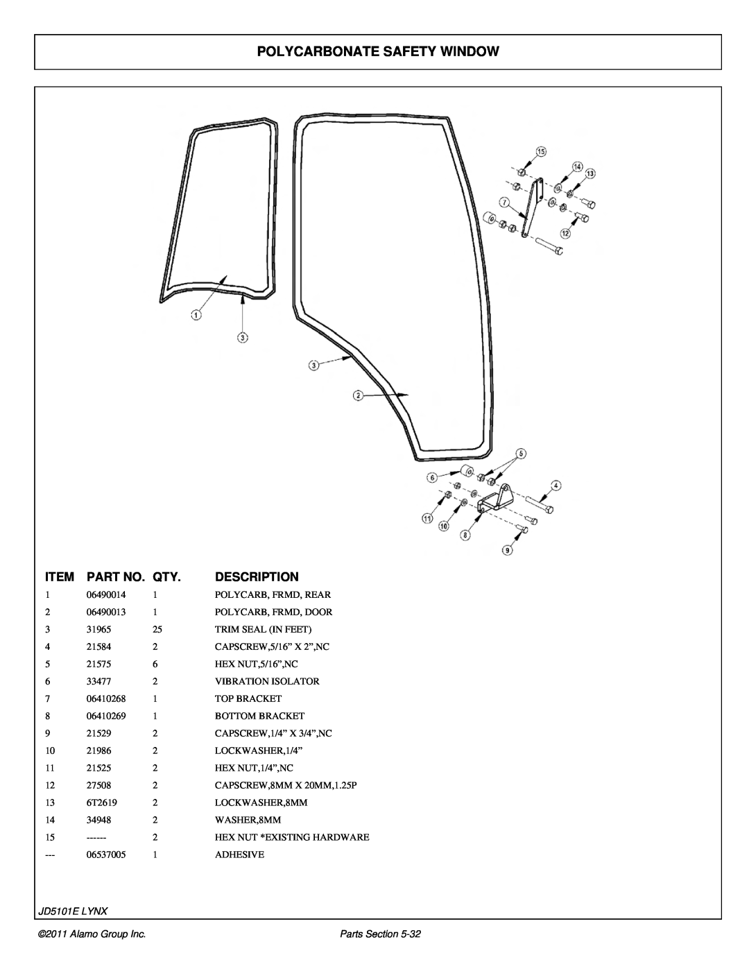Tiger Products Co., Ltd 5093E manual Polycarbonate Safety Window, Item, Part No, Description, JD5101E LYNX, Alamo Group Inc 