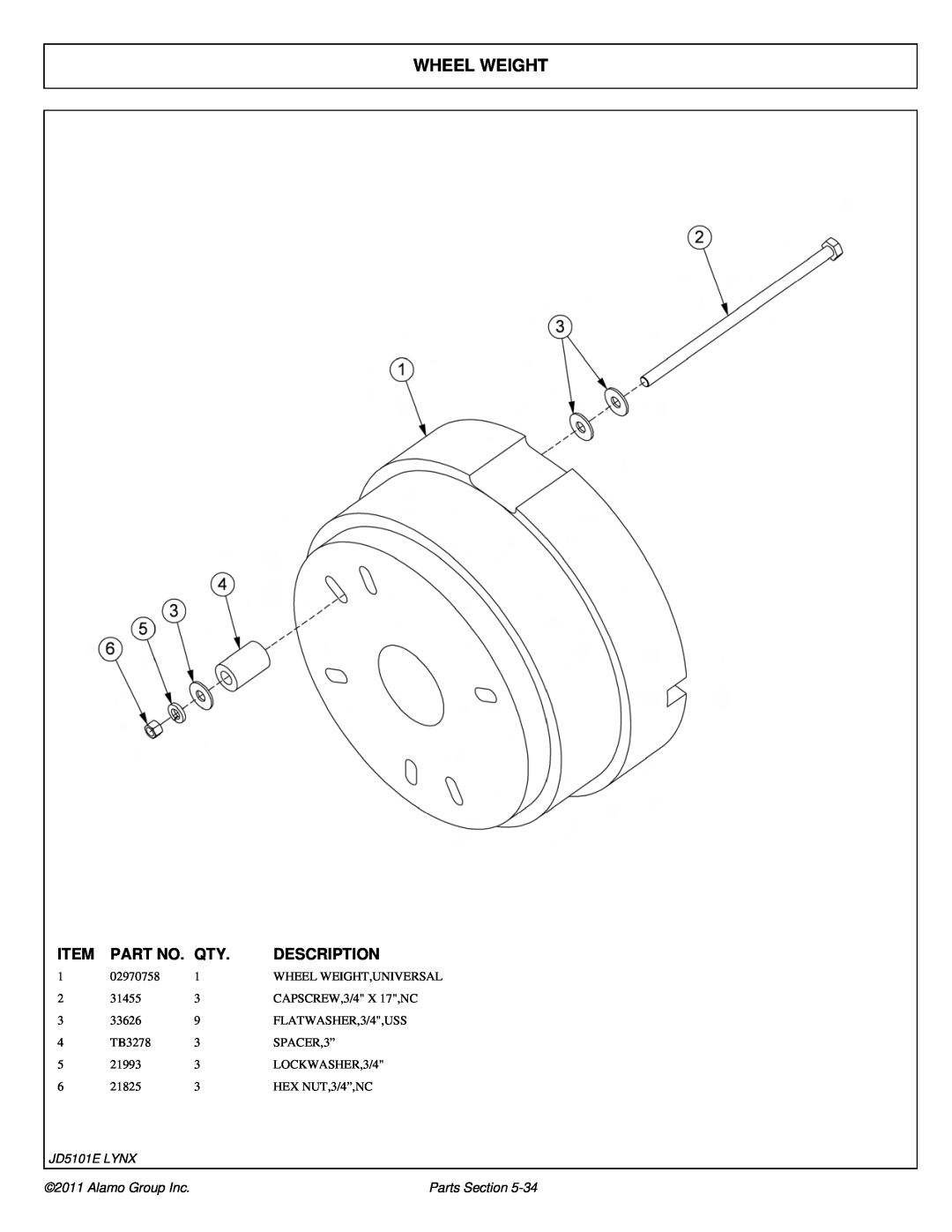 Tiger Products Co., Ltd 5083E manual Wheel Weight, Item, Part No, Description, JD5101E LYNX, Alamo Group Inc, Parts Section 
