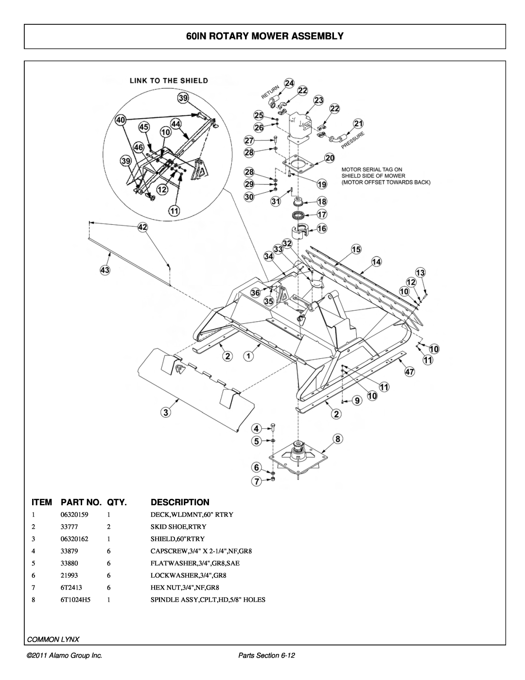 Tiger Products Co., Ltd 5083E, 5093E 60IN ROTARY MOWER ASSEMBLY, Item, Part No, Description, Common Lynx, Alamo Group Inc 