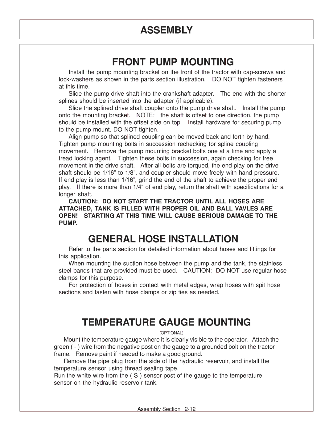 Tiger Products Co., Ltd 6020009 manual Assembly Front Pump Mounting, General Hose Installation, Temperature Gauge Mounting 