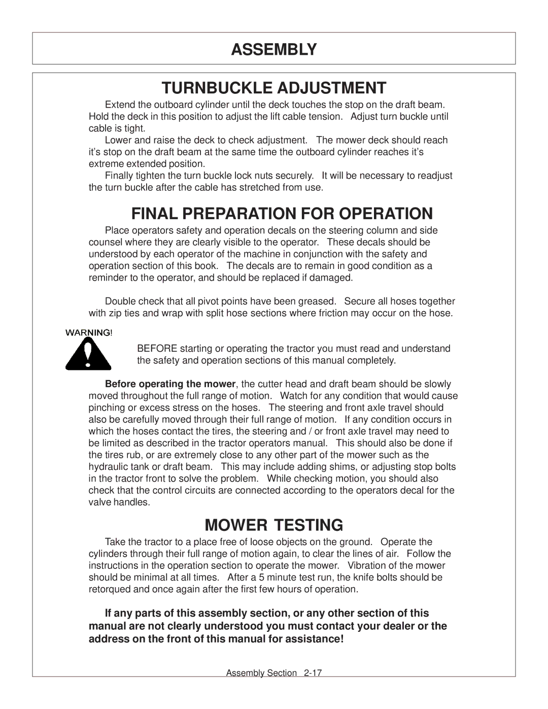 Tiger Products Co., Ltd 6020009 manual Assembly Turnbuckle Adjustment, Final Preparation for Operation, Mower Testing 