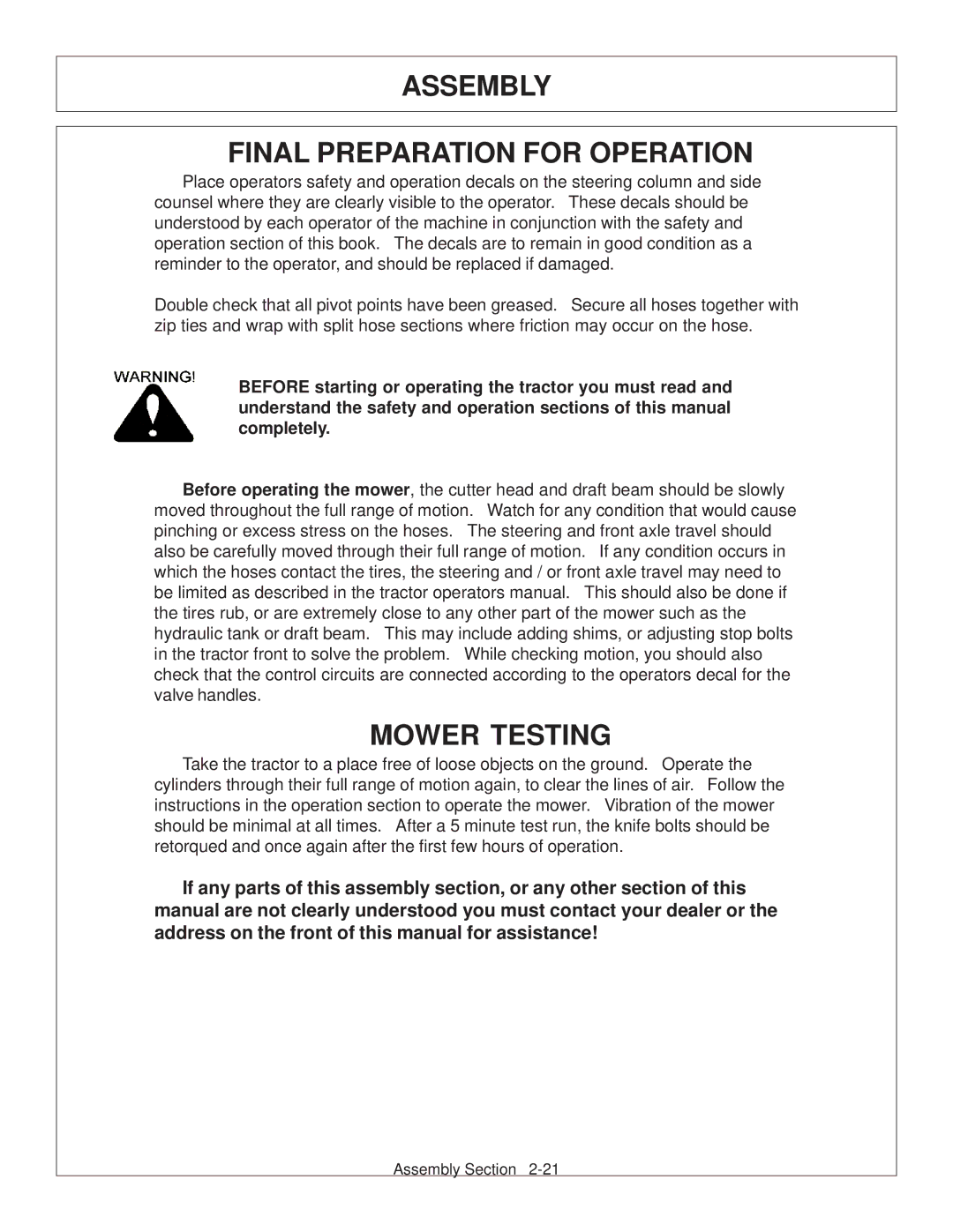 Tiger Products Co., Ltd 6020009 manual Assembly Final Preparation for Operation, Mower Testing 