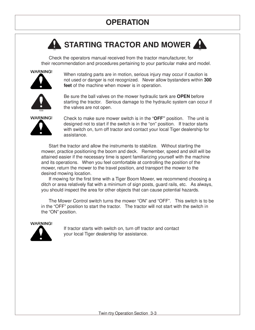 Tiger Products Co., Ltd 6020009 manual Operation Starting Tractor and Mower 