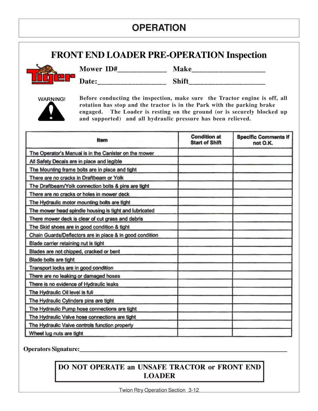 Tiger Products Co., Ltd 6020009 manual Front END Loader PRE-OPERATION Inspection 