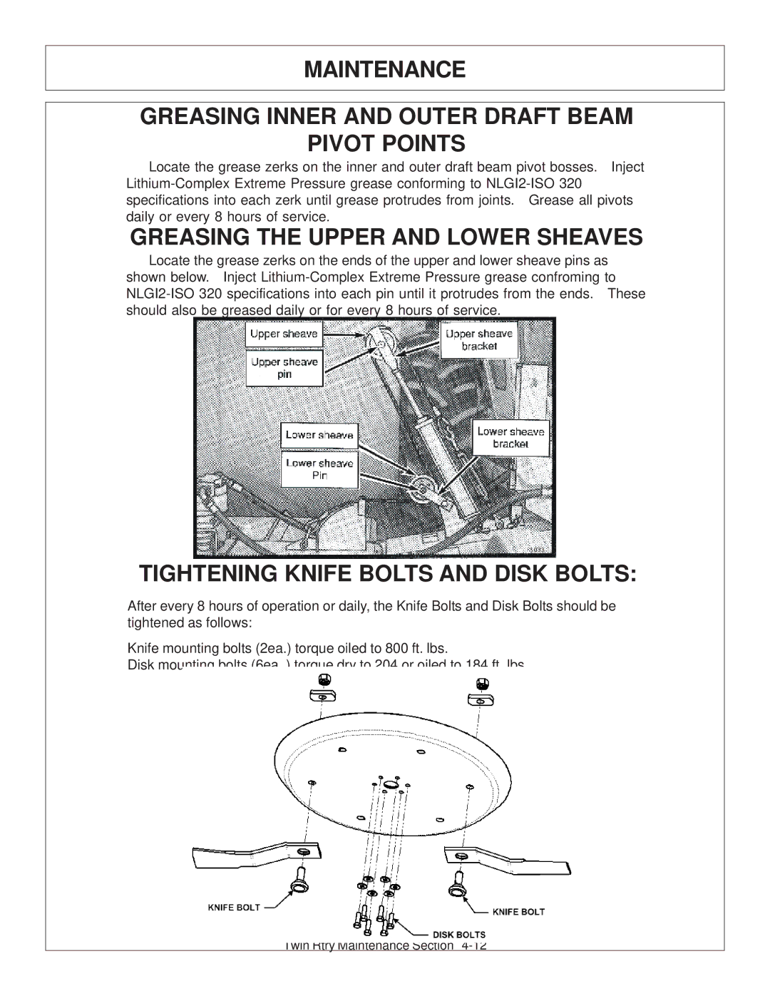 Tiger Products Co., Ltd 6020009 manual Greasing the Upper and Lower Sheaves, Tightening Knife Bolts and Disk Bolts 