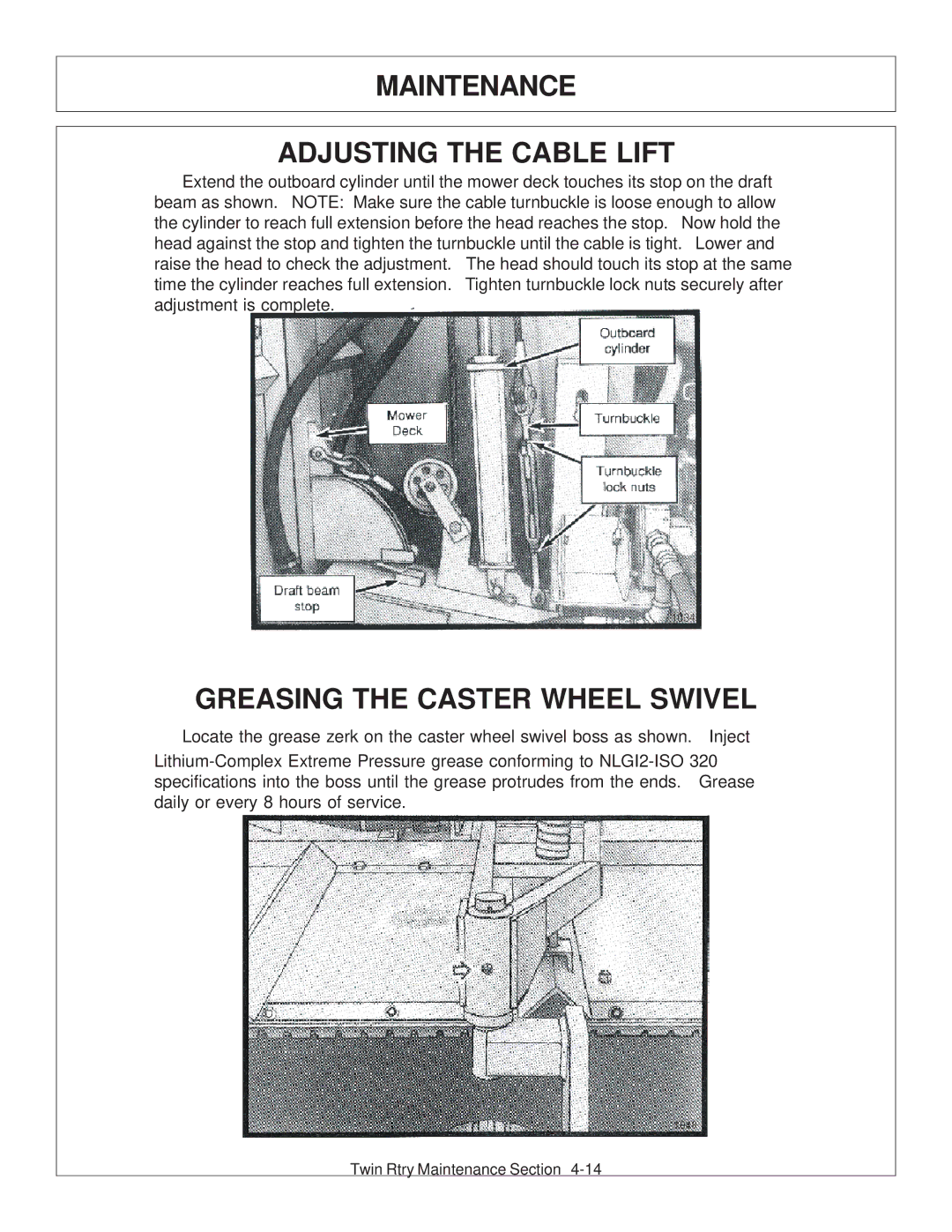 Tiger Products Co., Ltd 6020009 manual Maintenance Adjusting the Cable Lift, Greasing the Caster Wheel Swivel 