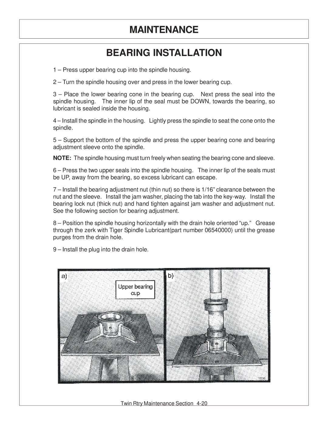 Tiger Products Co., Ltd 6020009 manual Maintenance Bearing Installation 