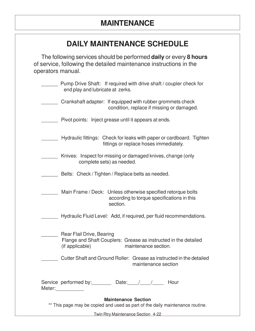 Tiger Products Co., Ltd 6020009 manual Maintenance Daily Maintenance Schedule, Maintenance Section 