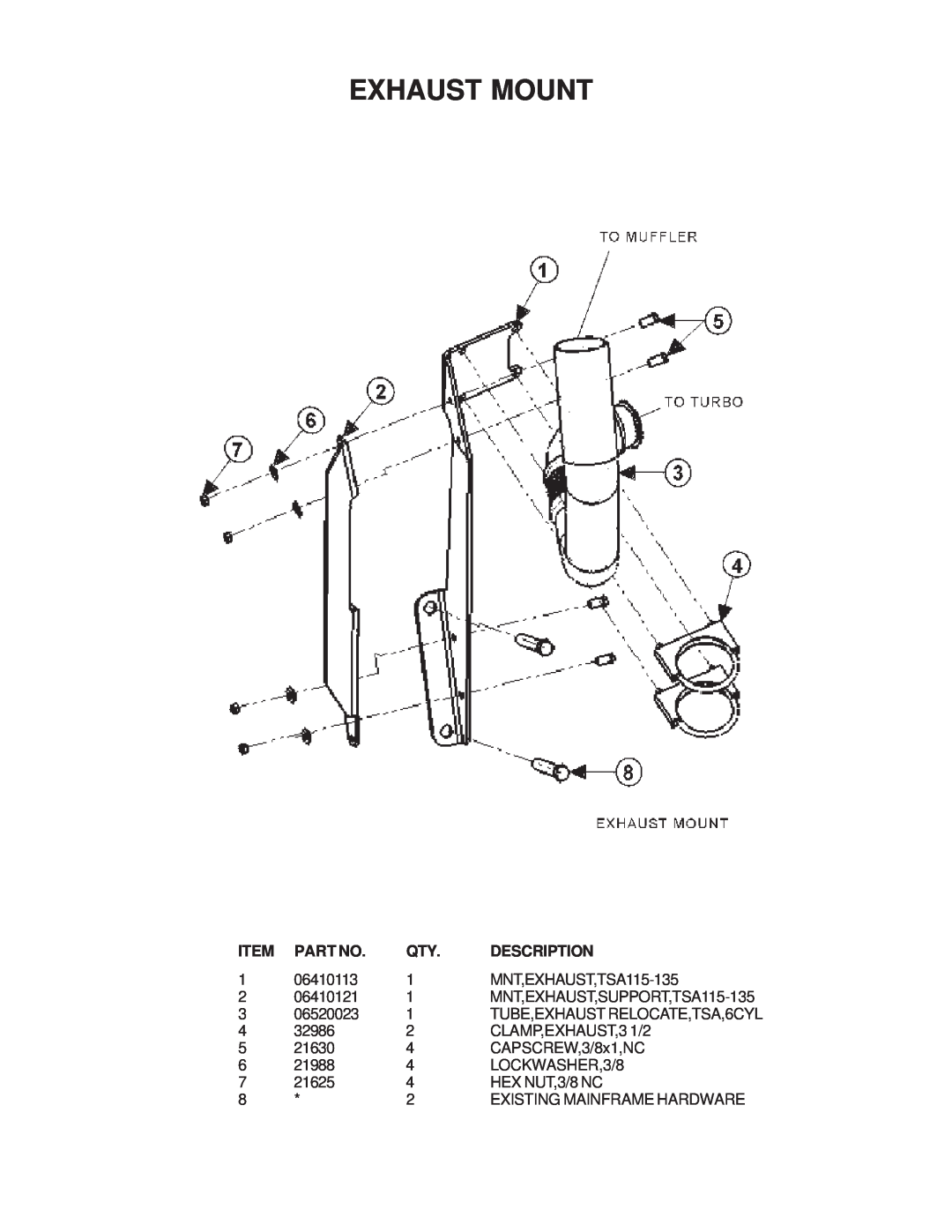 Tiger Products Co., Ltd 6020009 manual Exhaust Mount, Description, TUBE,EXHAUST RELOCATE,TSA,6CYL 