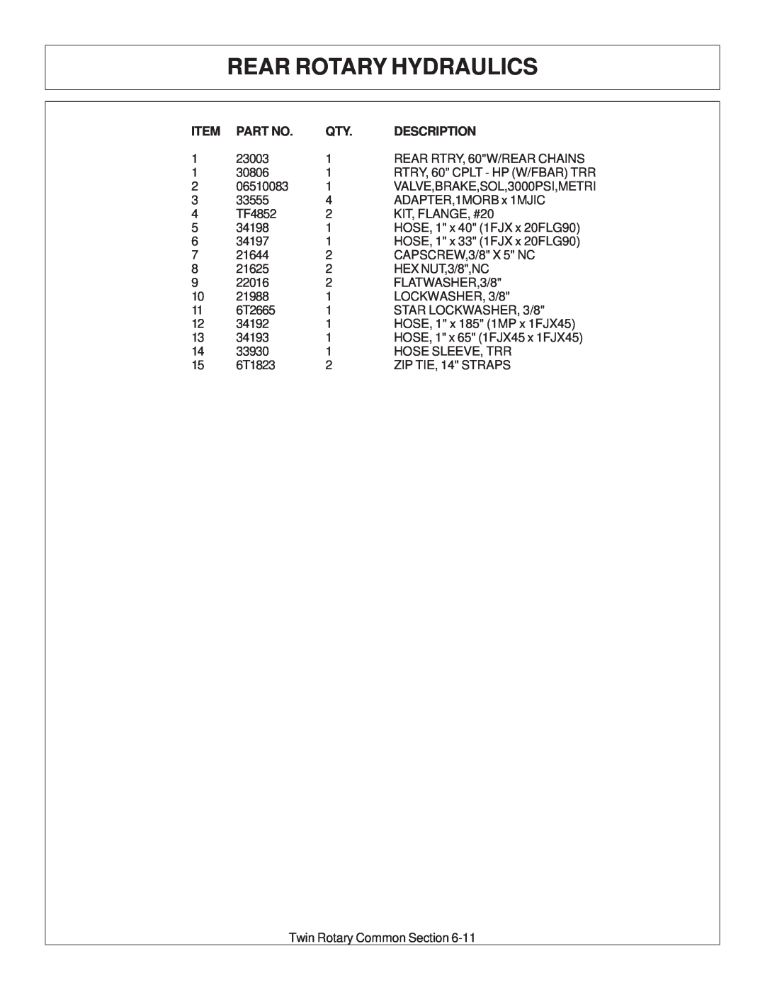Tiger Products Co., Ltd 6020009 manual Rear Rotary Hydraulics, Description, RTRY, 60” CPLT - HP W/FBAR TRR 